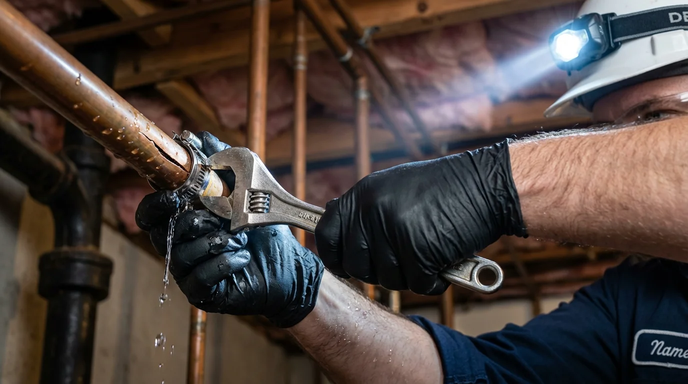 Emergency pipe clamp repair being performed by a Johns Plumbing LLC plumber in Harris